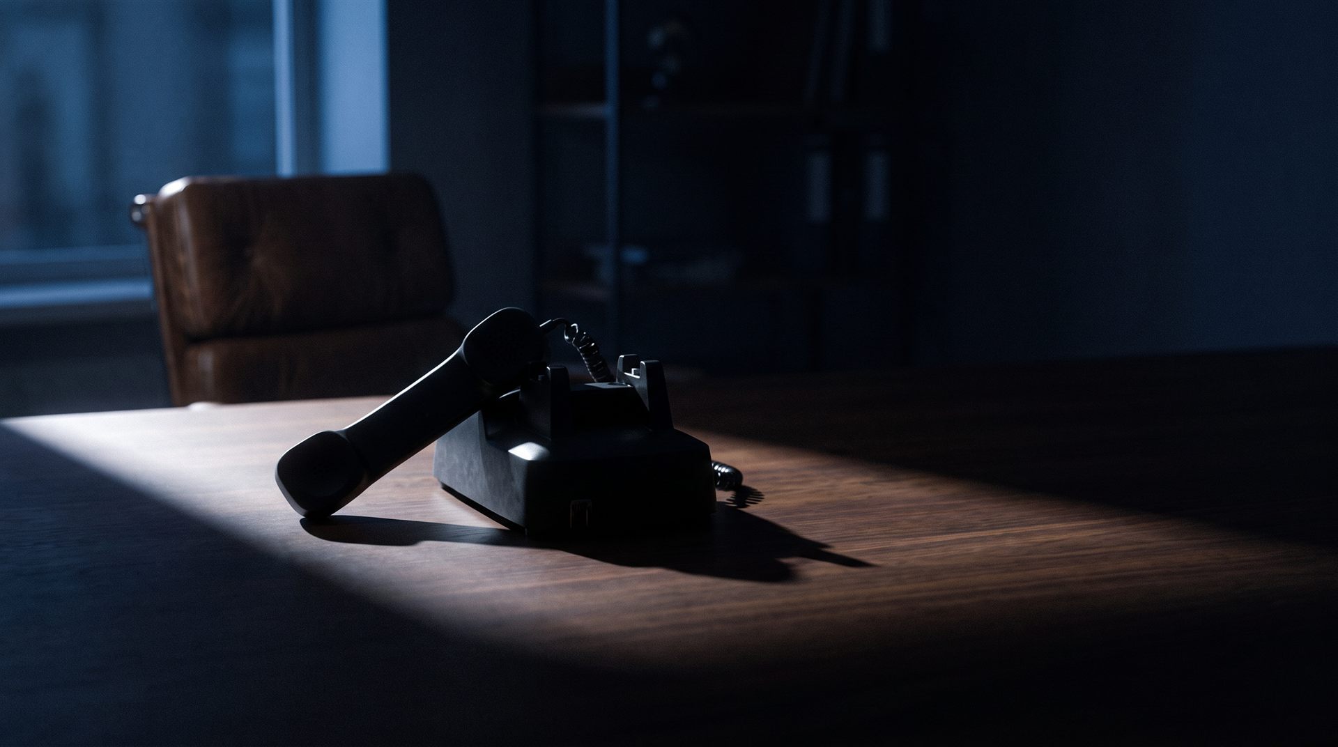 A telephone handset left off its cradle on a desk in a dark, empty office