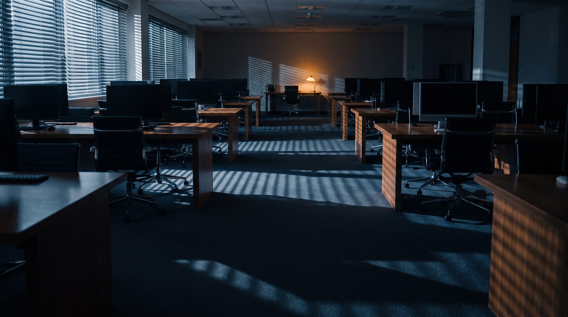 Rows of empty desks in a darkened sales office at night, striped by light from window blinds