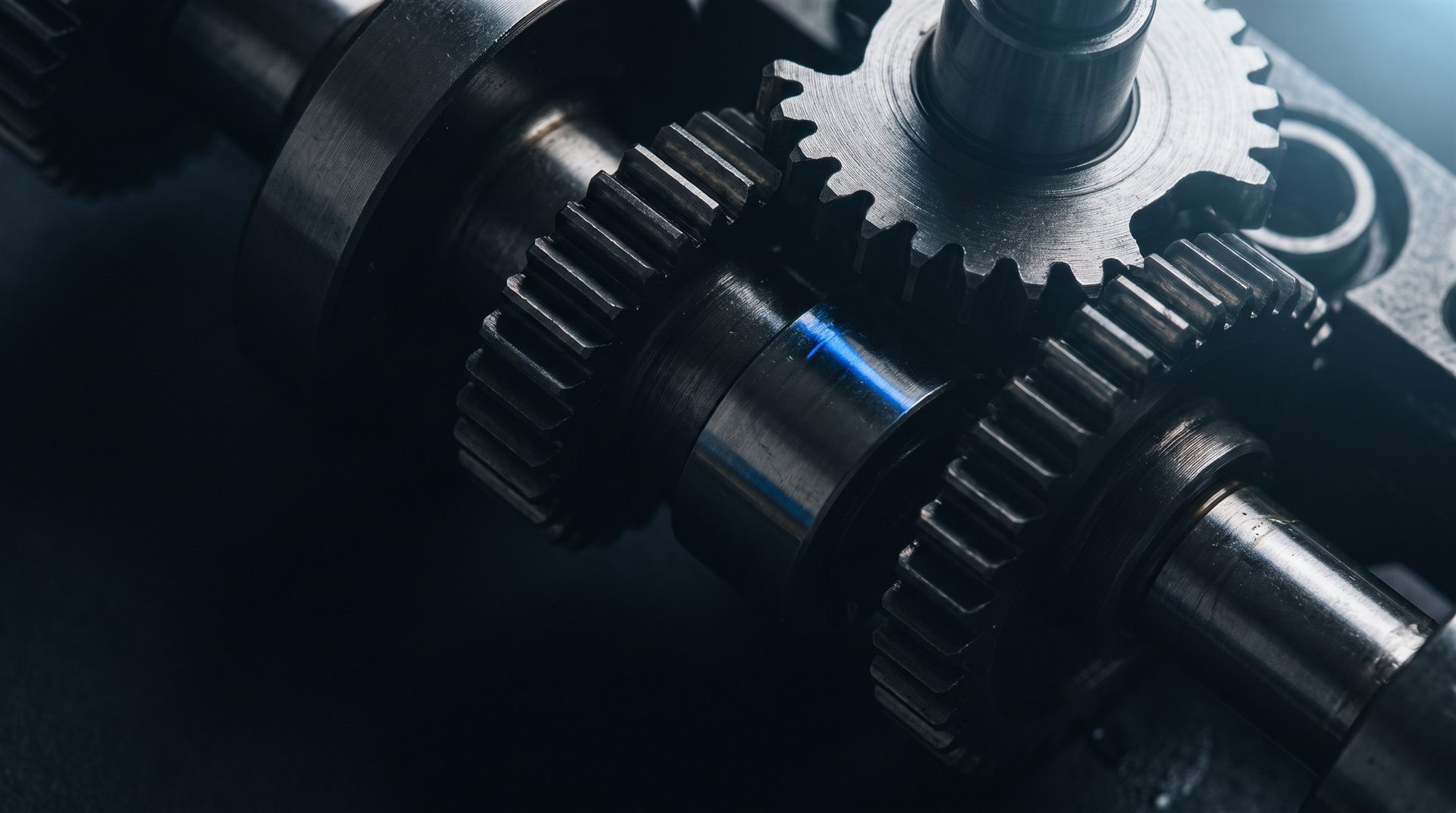 Macro photograph of precision-machined interlocking steel gears