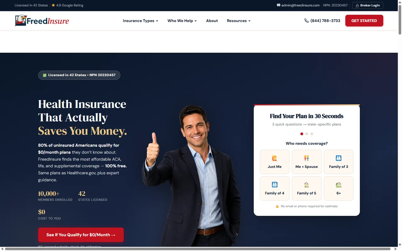 The FreedInsure home page: a health insurance quiz that asks who needs coverage before requesting any contact details