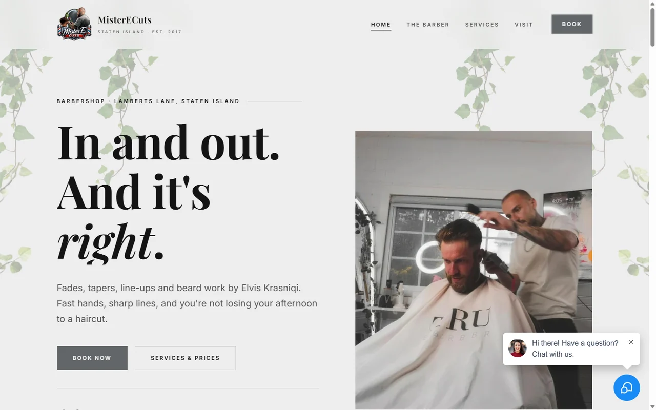 The MisterECuts home page: a barber cutting a client's hair, with the price list and booking links